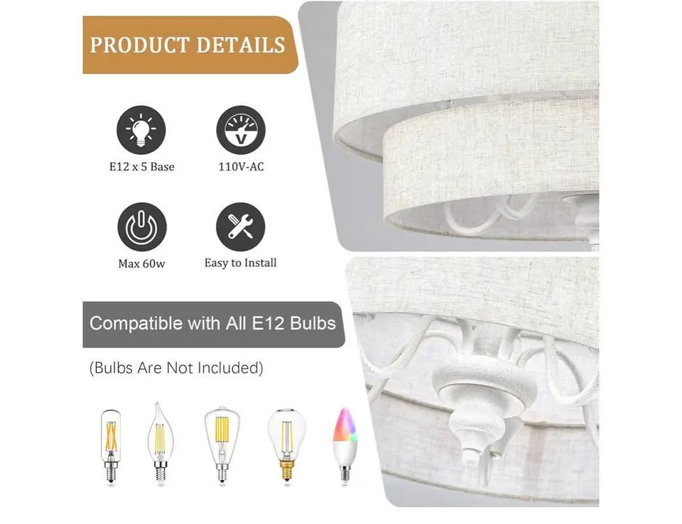 Drum Chandelier, 5-Light, Linen Shade, 21.6" image indicator(5)