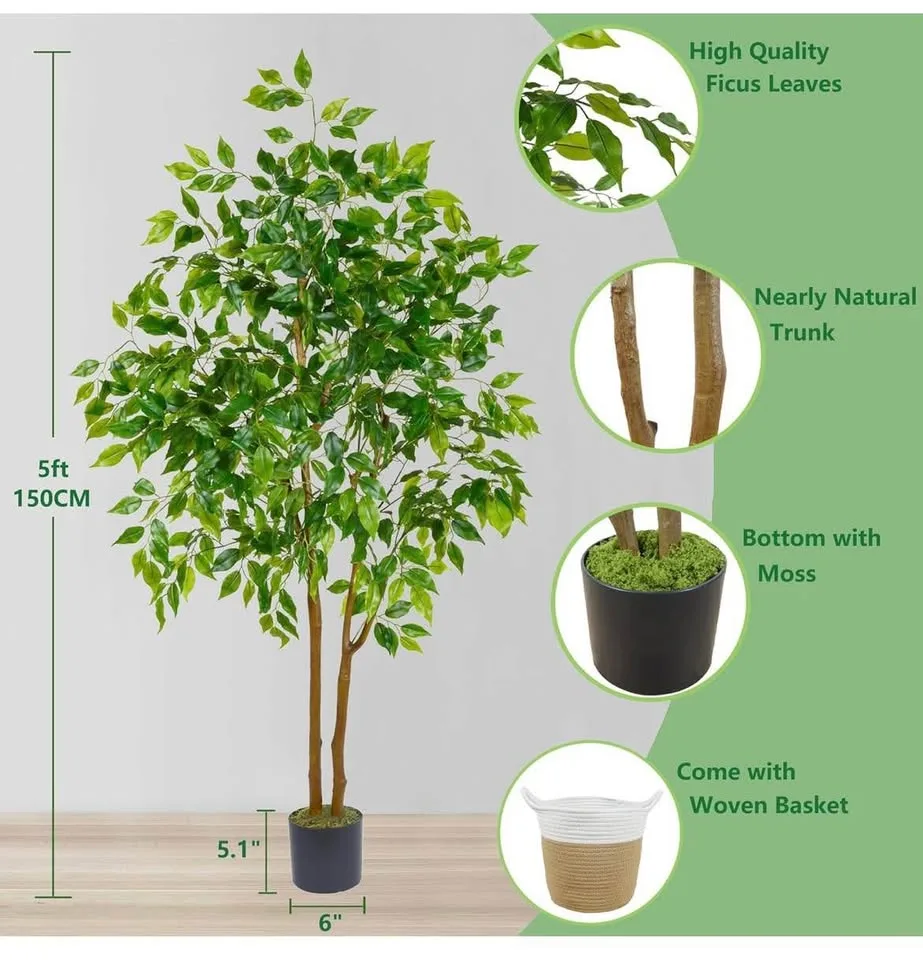 Artificial Ficus Tree, 5ft Tall Fake Ficus Tree with Basket image indicator(4)