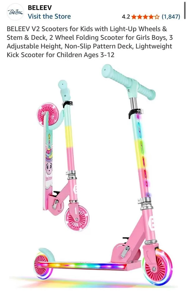 BELEEV V2 Scooter for Kids with Light-Up Wheels thumbnail