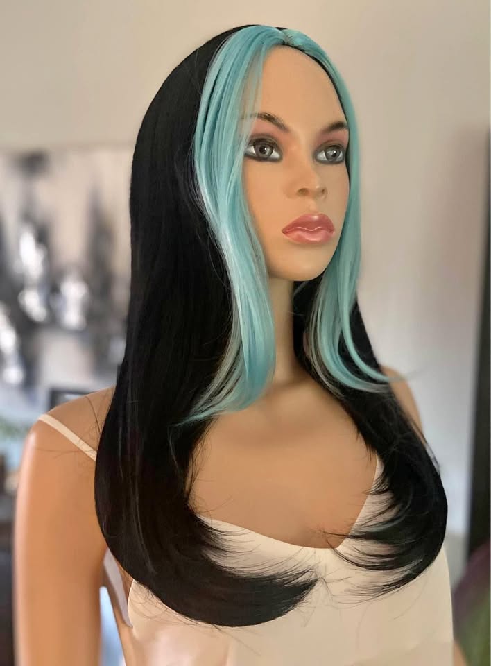 NWT: Long Black w/ Turquoise Blue Synthetic Wig