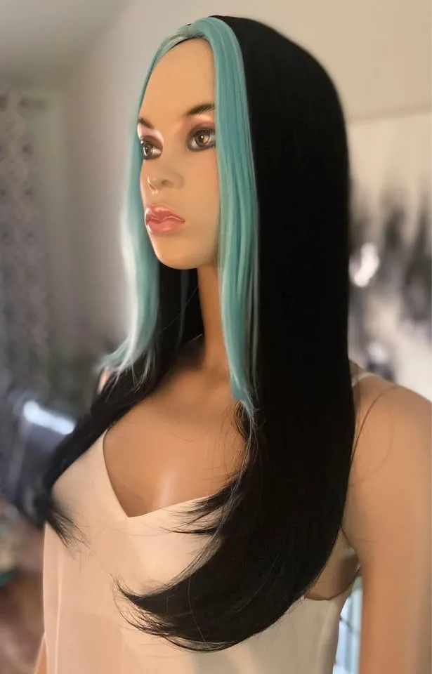 NEW w/ TAGS: Black Wig with Turquoise Blue Streaks image indicator(2)