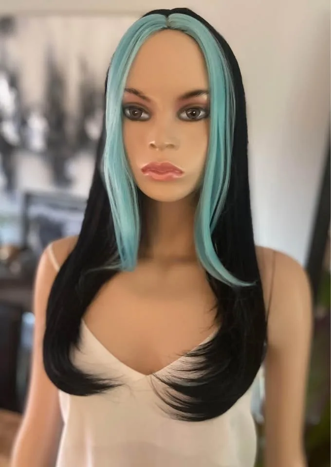 NEW w/ TAGS: Black Wig with Turquoise Blue Streaks image indicator(3)