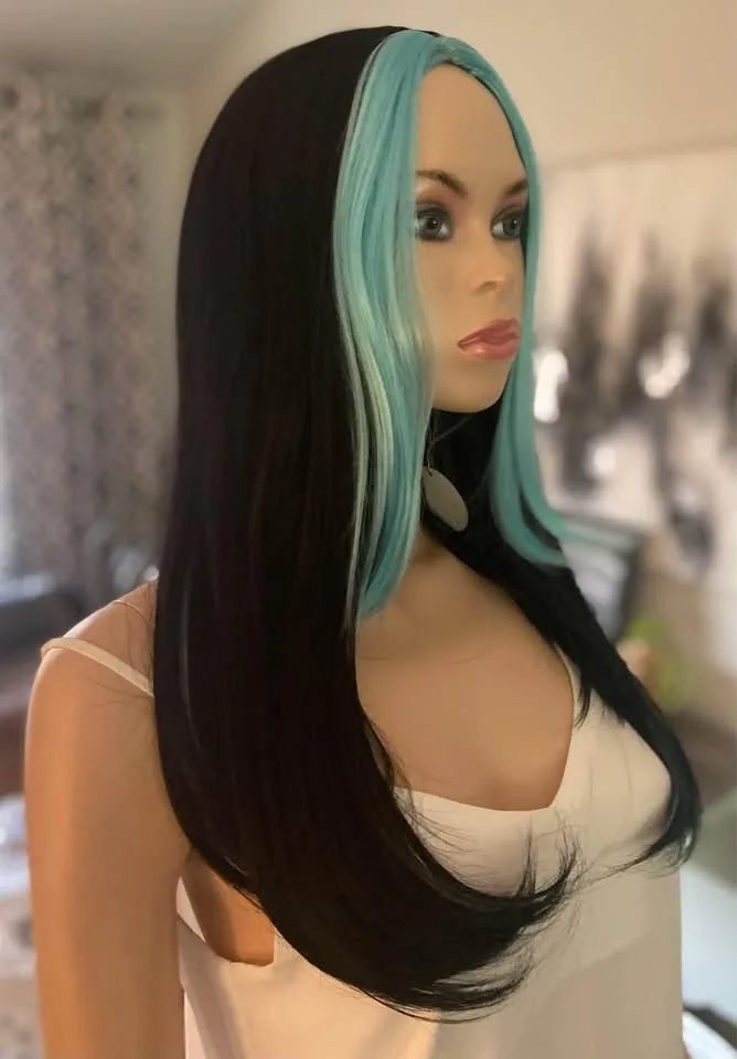 NEW w/ TAGS: Black Wig with Turquoise Blue Streaks image indicator(4)
