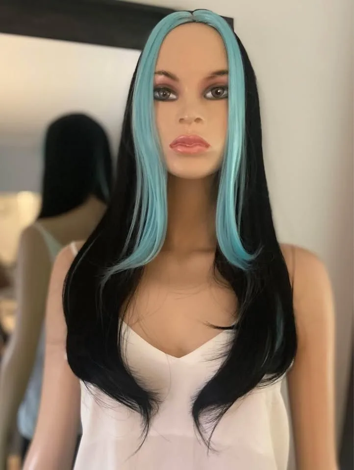 NEW w/ TAGS: Black Wig with Turquoise Blue Streaks image indicator(5)