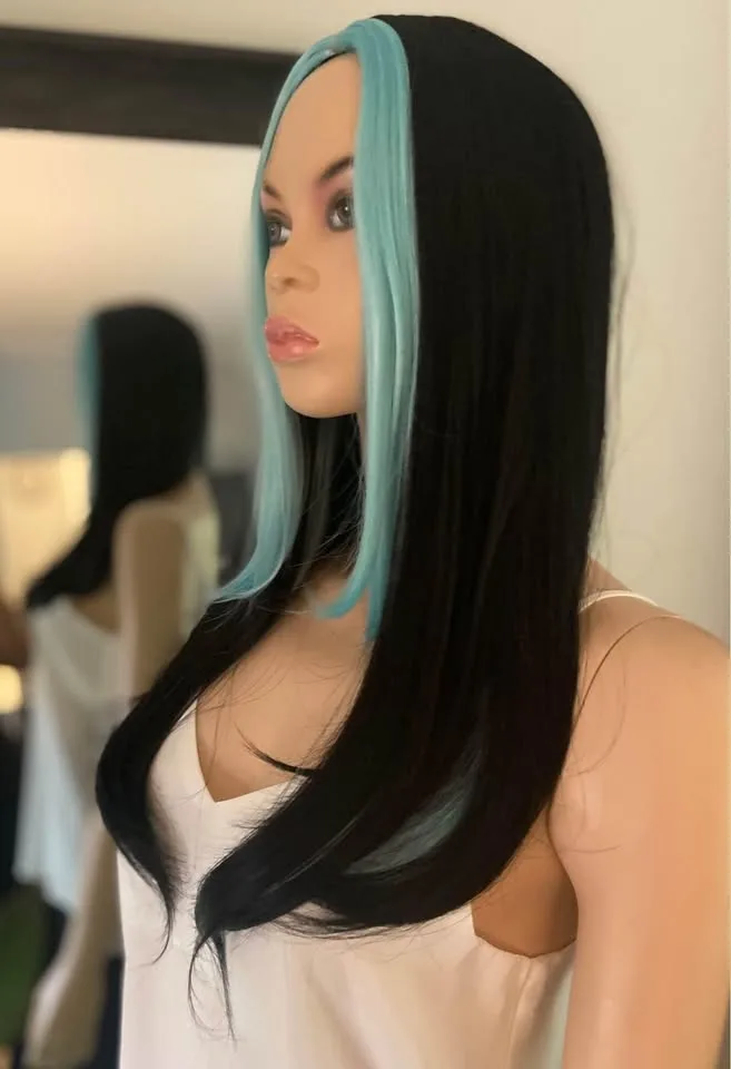 NEW w/ TAGS: Black Wig with Turquoise Blue Streaks image indicator(6)