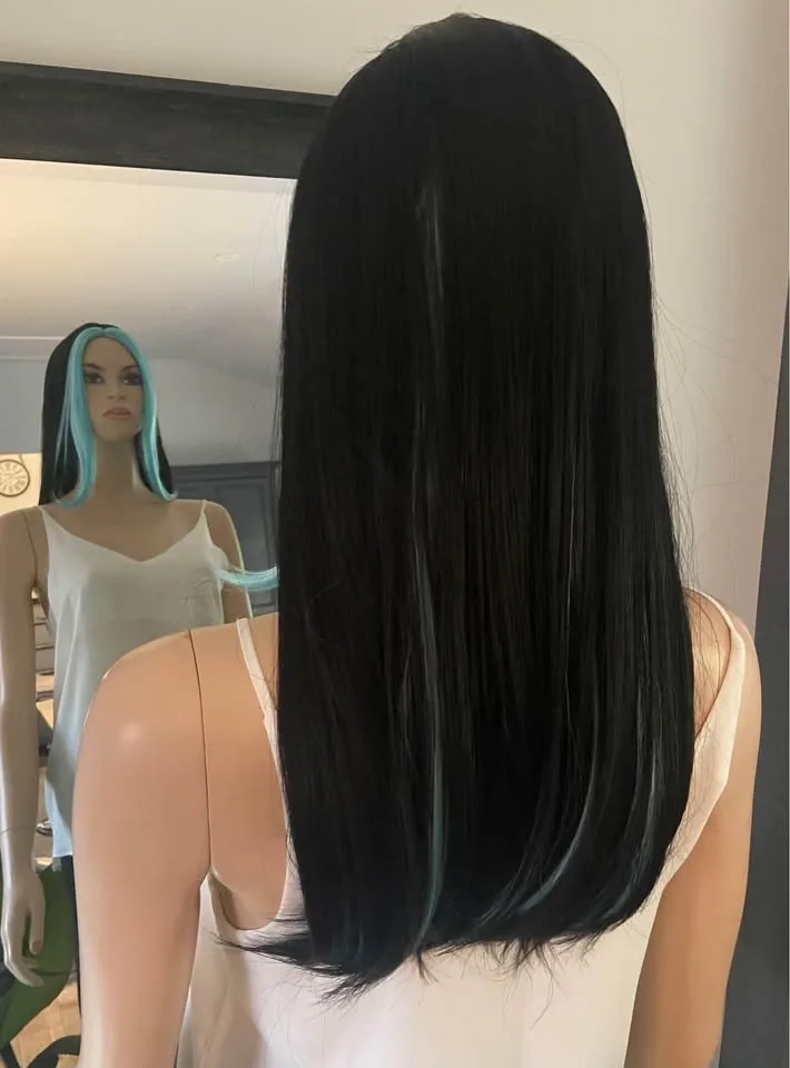 NEW w/ TAGS: Black Wig with Turquoise Blue Streaks image indicator(7)