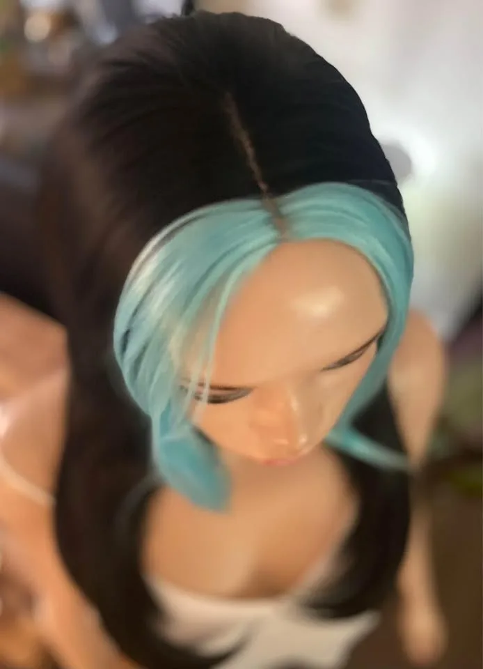 NEW w/ TAGS: Black Wig with Turquoise Blue Streaks image indicator(8)