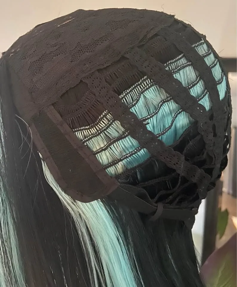 NEW w/ TAGS: Black Wig with Turquoise Blue Streaks image indicator(9)