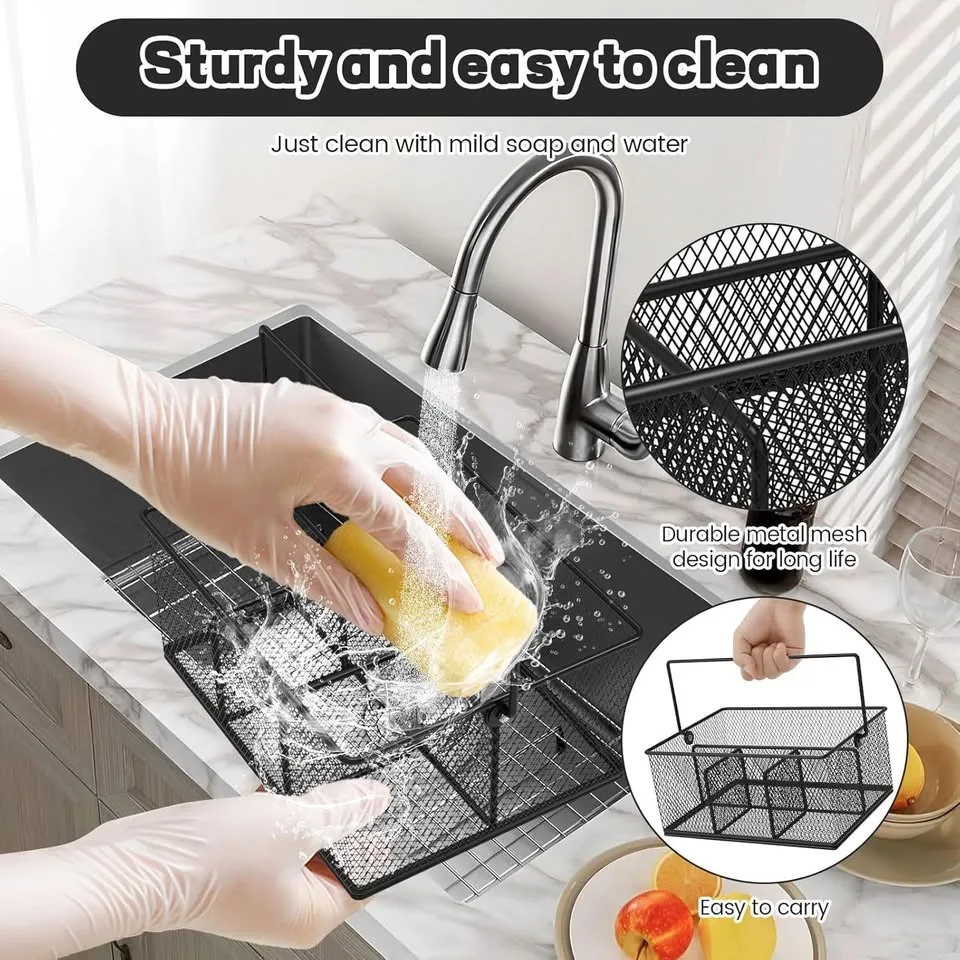 Metal Mesh Utensil Basket with 4 Compartments & Handle image indicator(5)