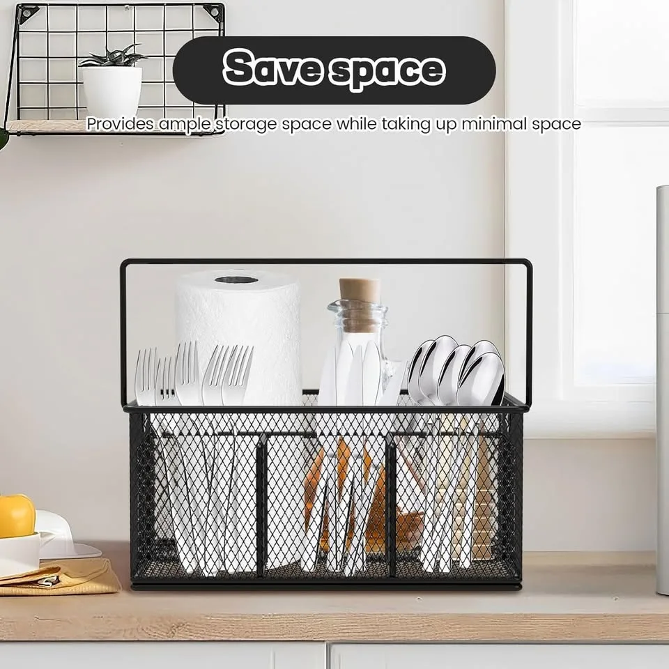 Metal Mesh Utensil Basket with 4 Compartments & Handle image indicator(7)