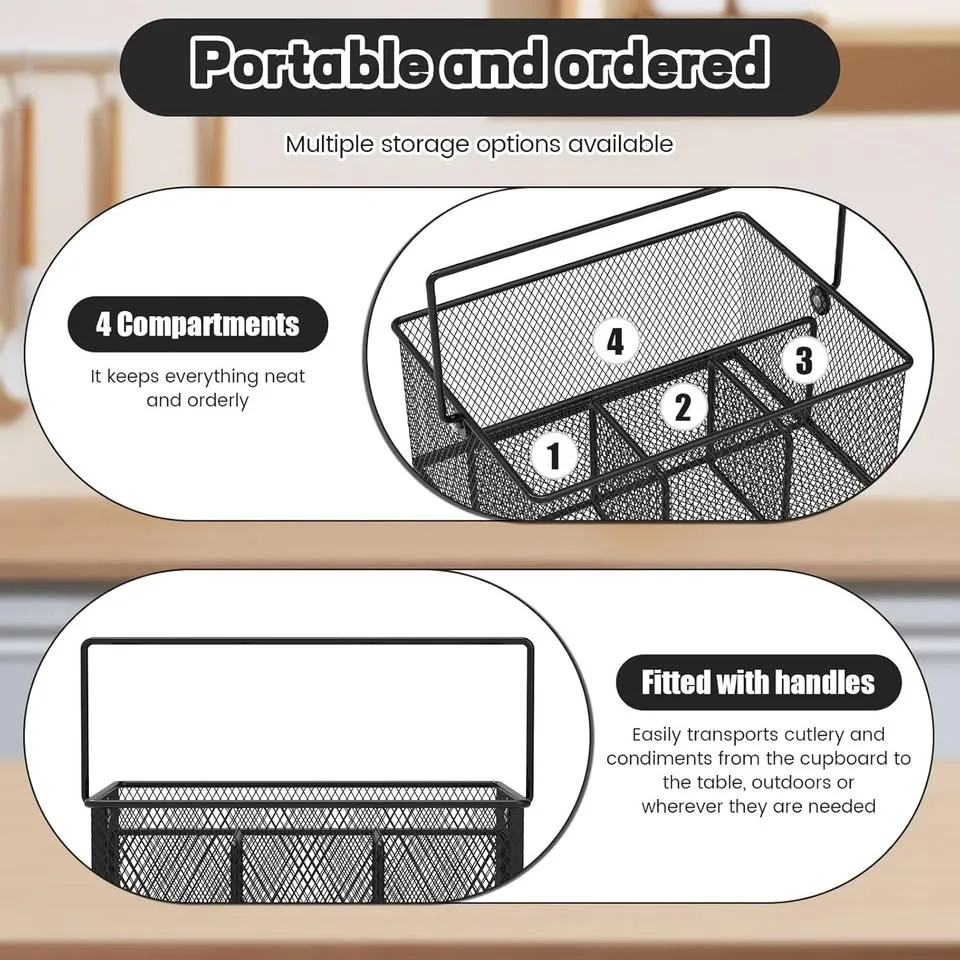 Metal Mesh Utensil Basket with 4 Compartments & Handle image indicator(8)