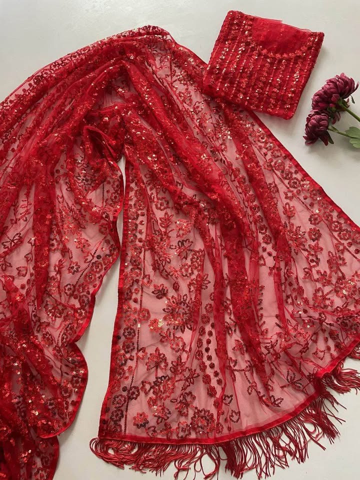 Partywear red saree - photo 3