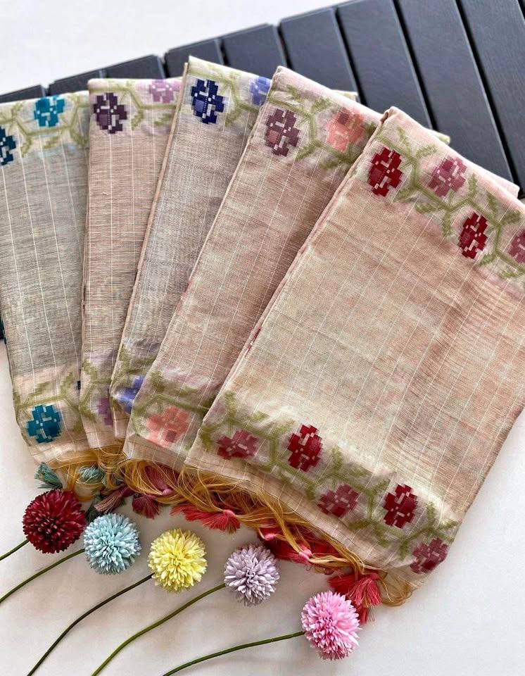 Muga cotton sarees with jamdani weaving pallu