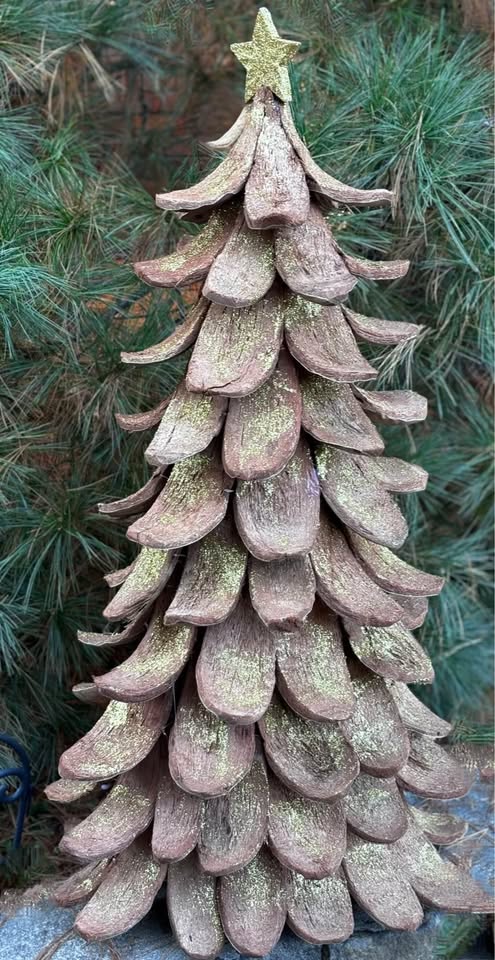 Whimsical Christmas Tree - Wood Bark Golden Glitter Star