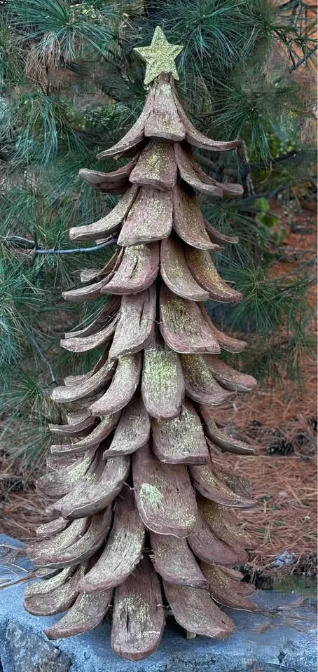 Whimsical Christmas Tree - Wood Bark Golden Glitter Star image indicator(4)