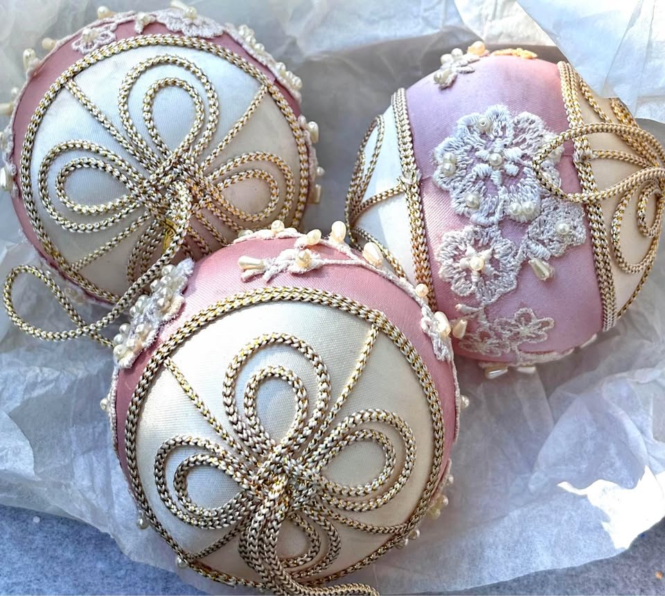Vintage Pink & White Satin & Pearl Large Ornaments