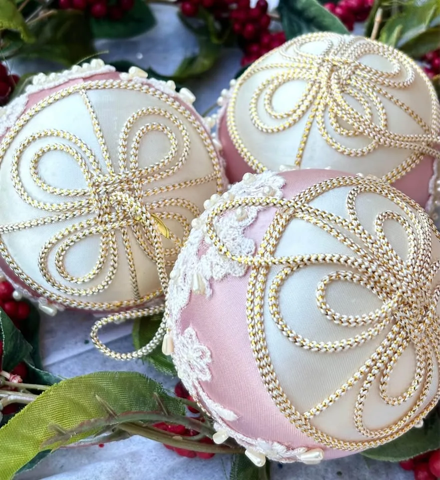 Vintage Pink & White Satin & Pearl Large Ornaments image indicator(3)