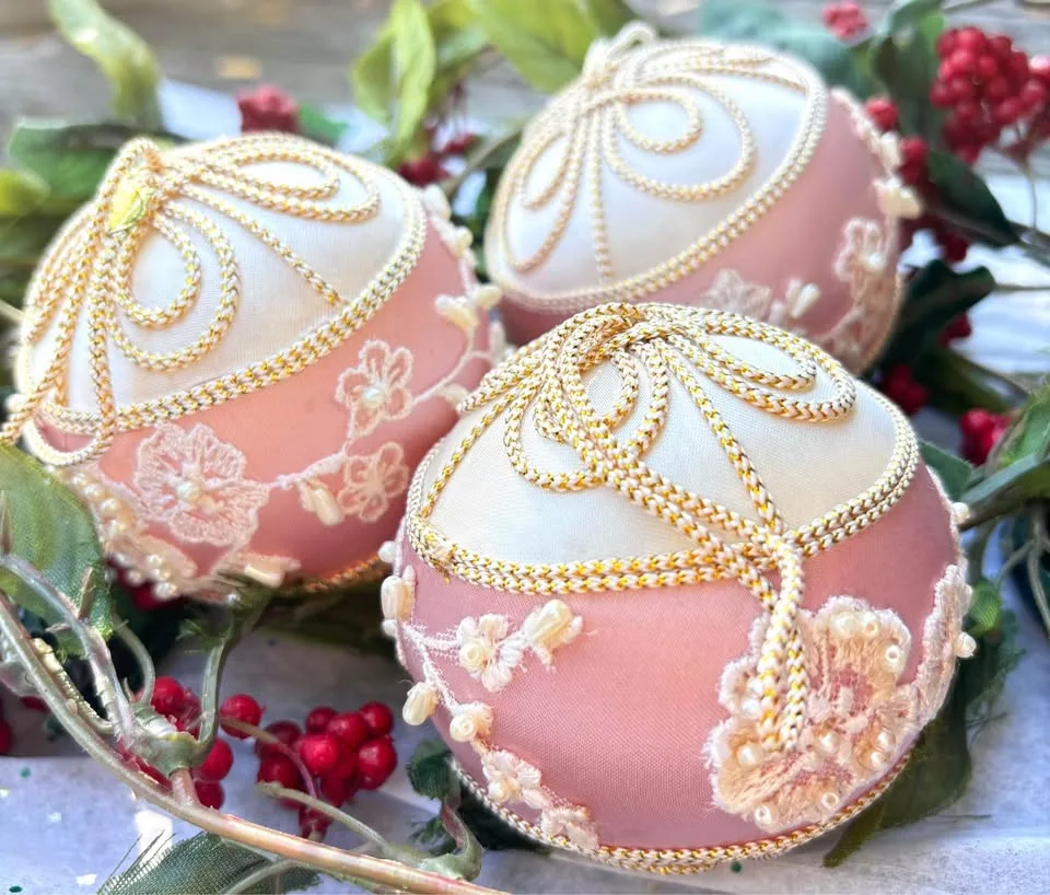 Vintage Pink & White Satin & Pearl Large Ornaments image indicator(5)