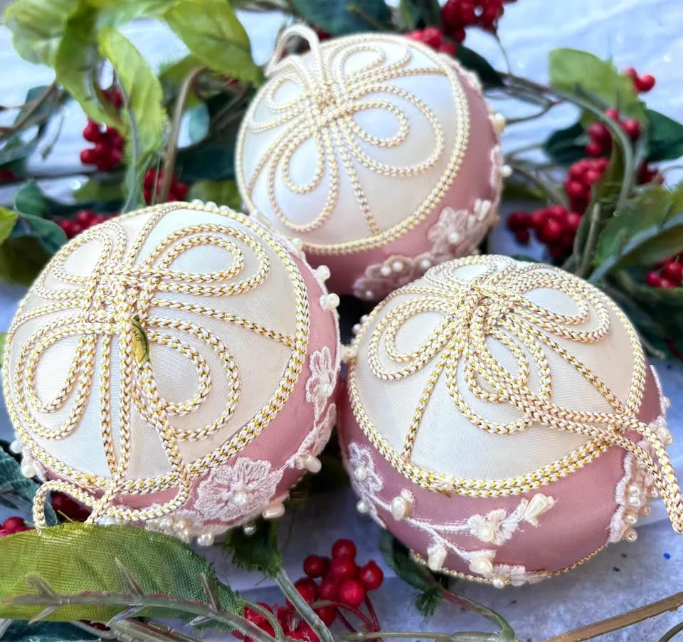 Vintage Pink & White Satin & Pearl Large Ornaments image indicator(6)