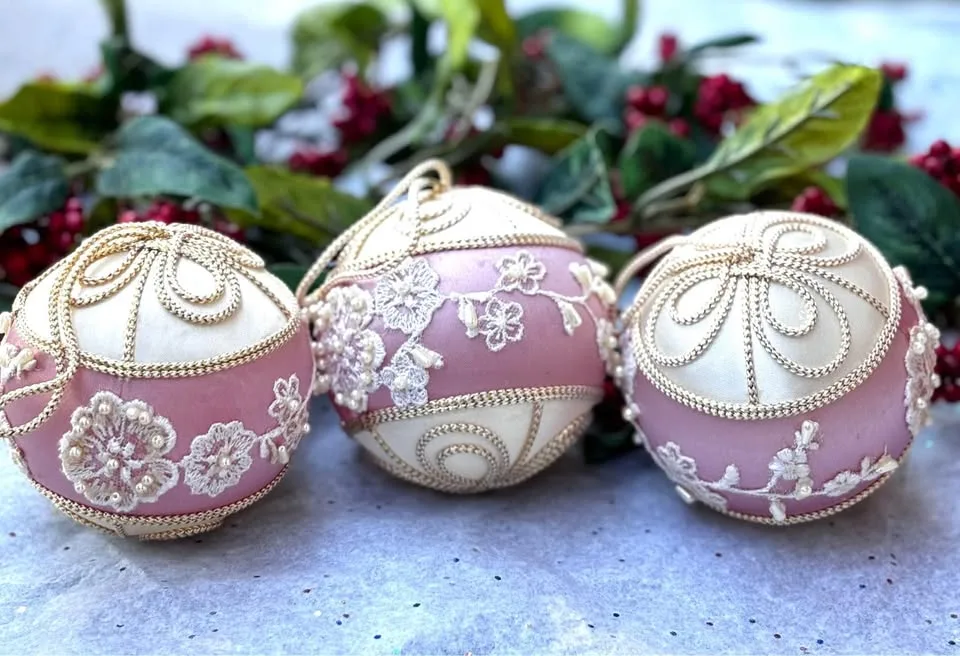 Vintage Pink & White Satin & Pearl Large Ornaments image indicator(8)