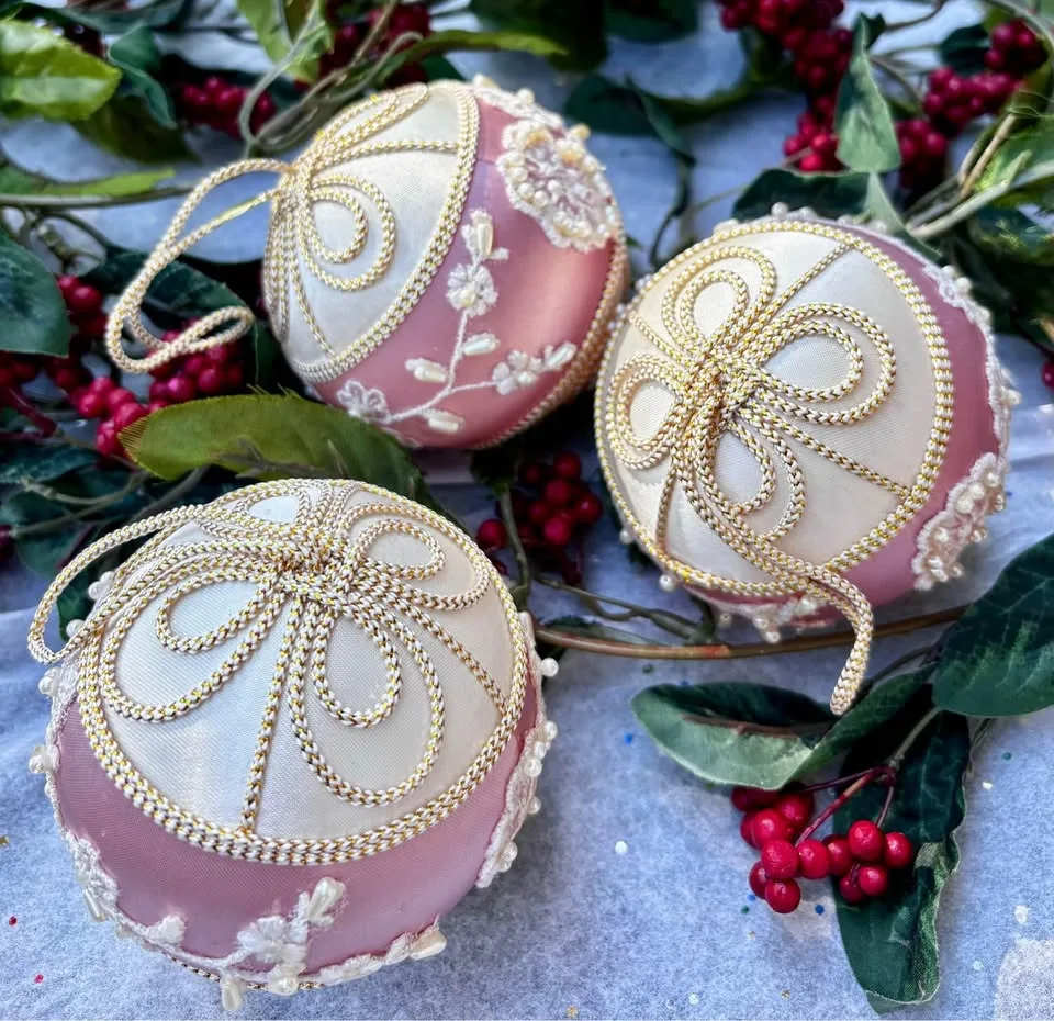 Vintage Pink & White Satin & Pearl Large Ornaments image indicator(9)