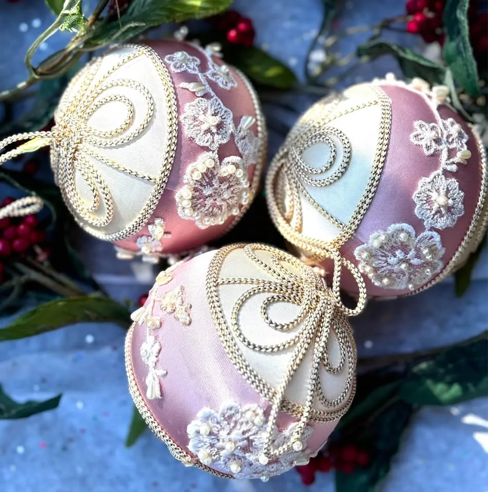 Vintage Pink & White Satin & Pearl Large Ornaments image indicator(10)