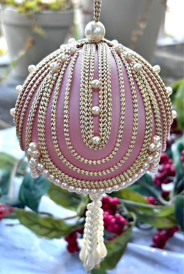 Vintage Ornament - Pink Satin, Pearls, Like New thumbnail