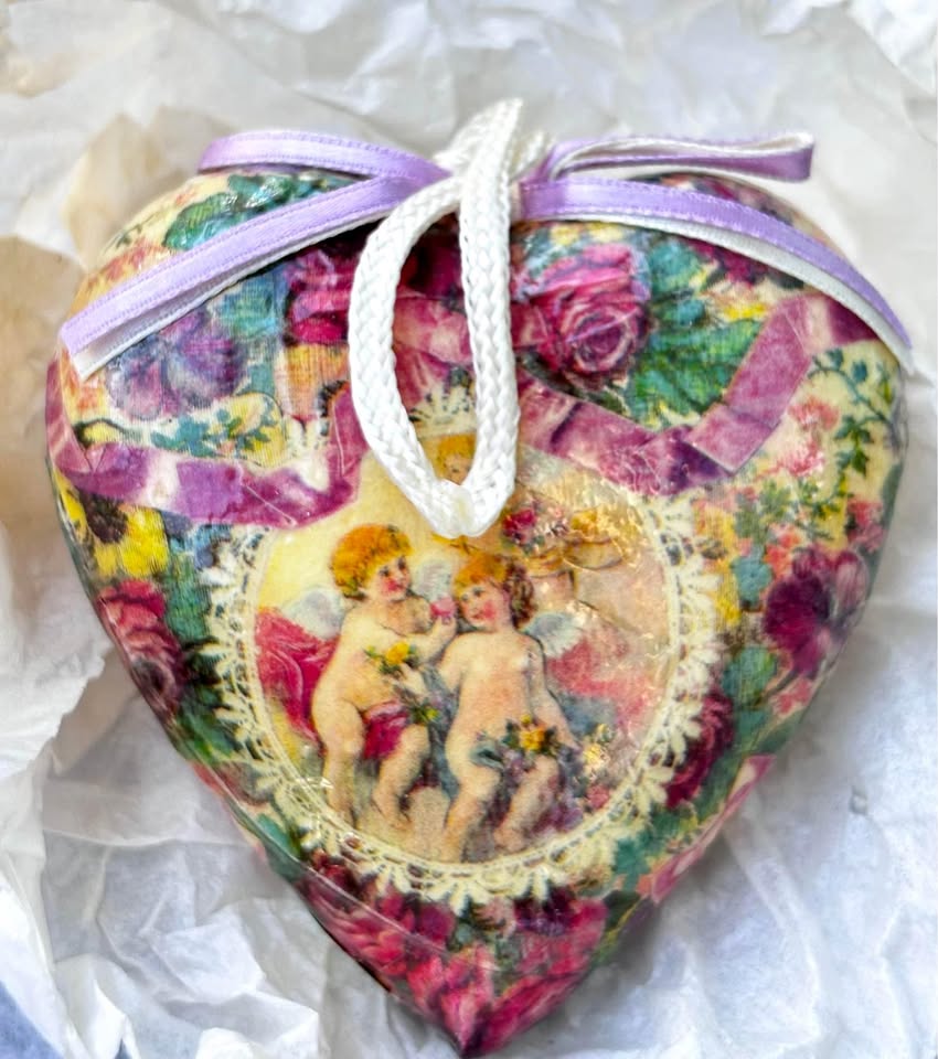 Vintage Old-world Decoupage Heirloom Ornament Heart Shaped