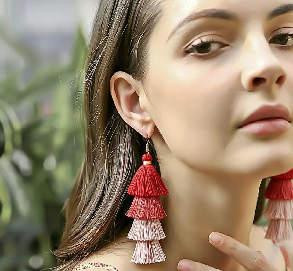 Bohemian Tassel Earrings – Peach Pink Multi-Layer NEW thumbnail