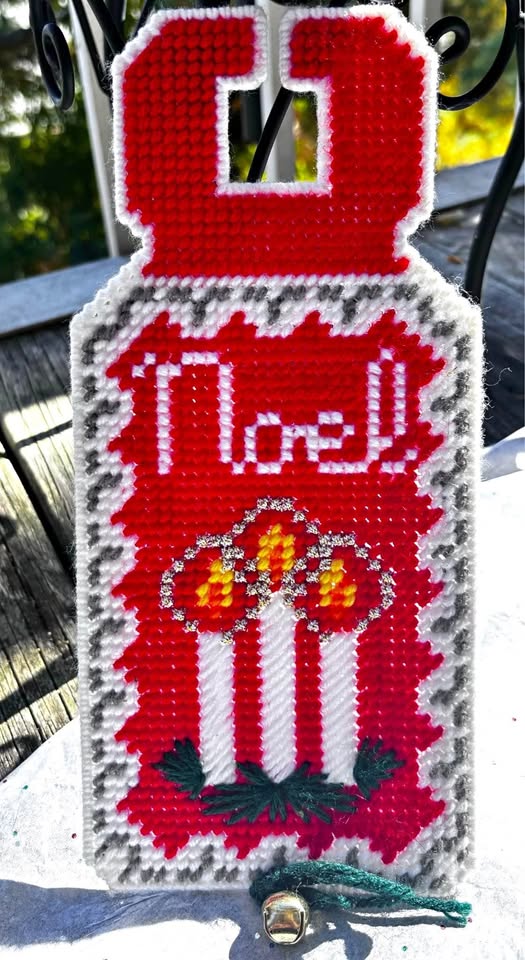 Vintage Holiday Needlepoint Door Knob Hanger with Bell