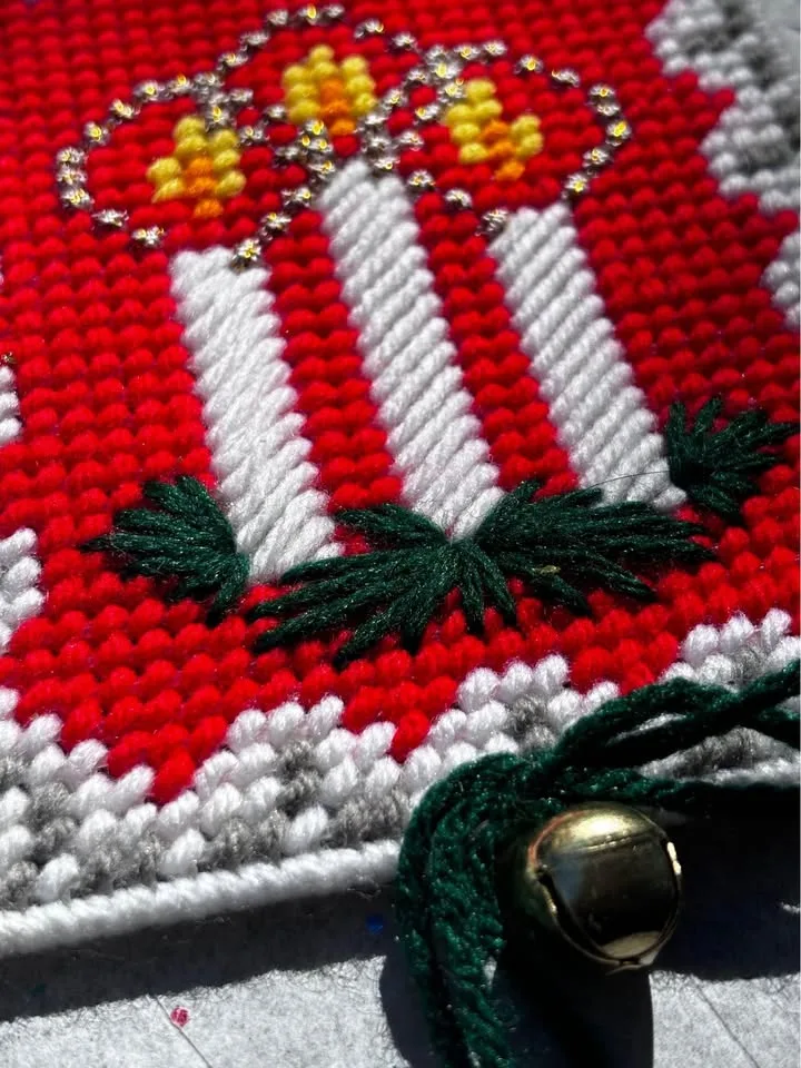 Vintage Holiday Needlepoint Door Knob Hanger with Bell image indicator(3)