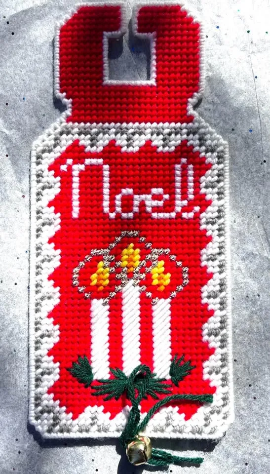Vintage Holiday Needlepoint Door Knob Hanger with Bell image indicator(4)