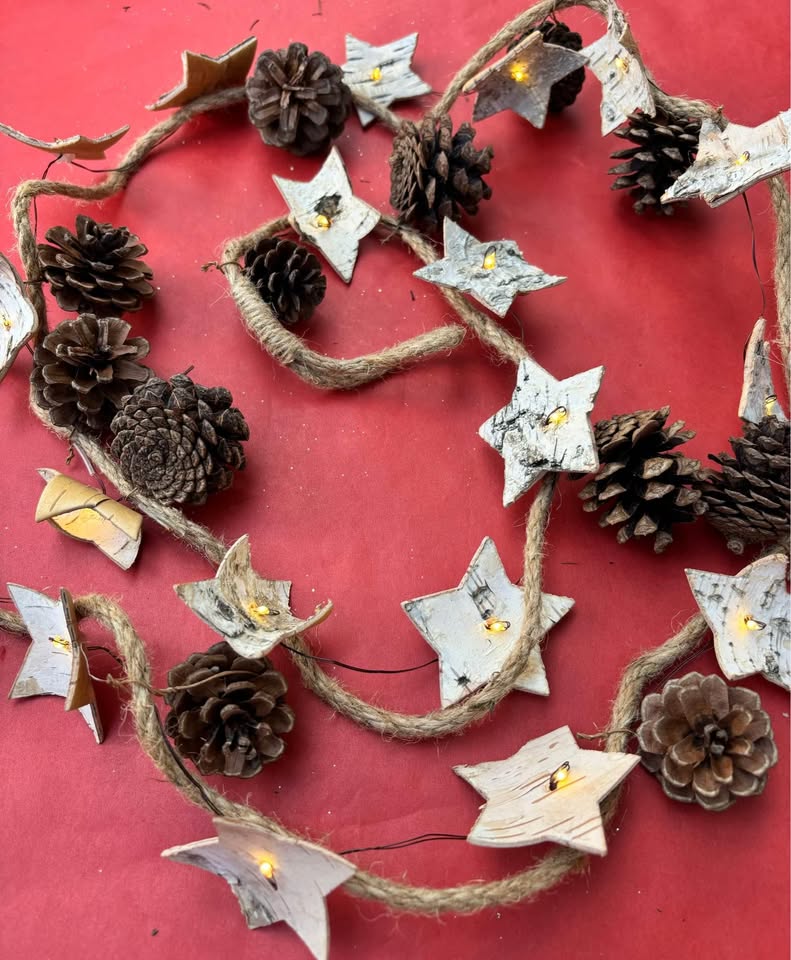 Rustic Holiday String Lights Pinecones & Stars 6 Ft Like New - photo 3