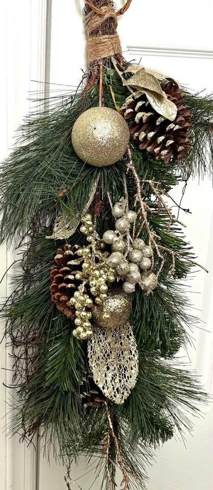 Elegant Holiday Door Swag with Pinecones & Ornaments