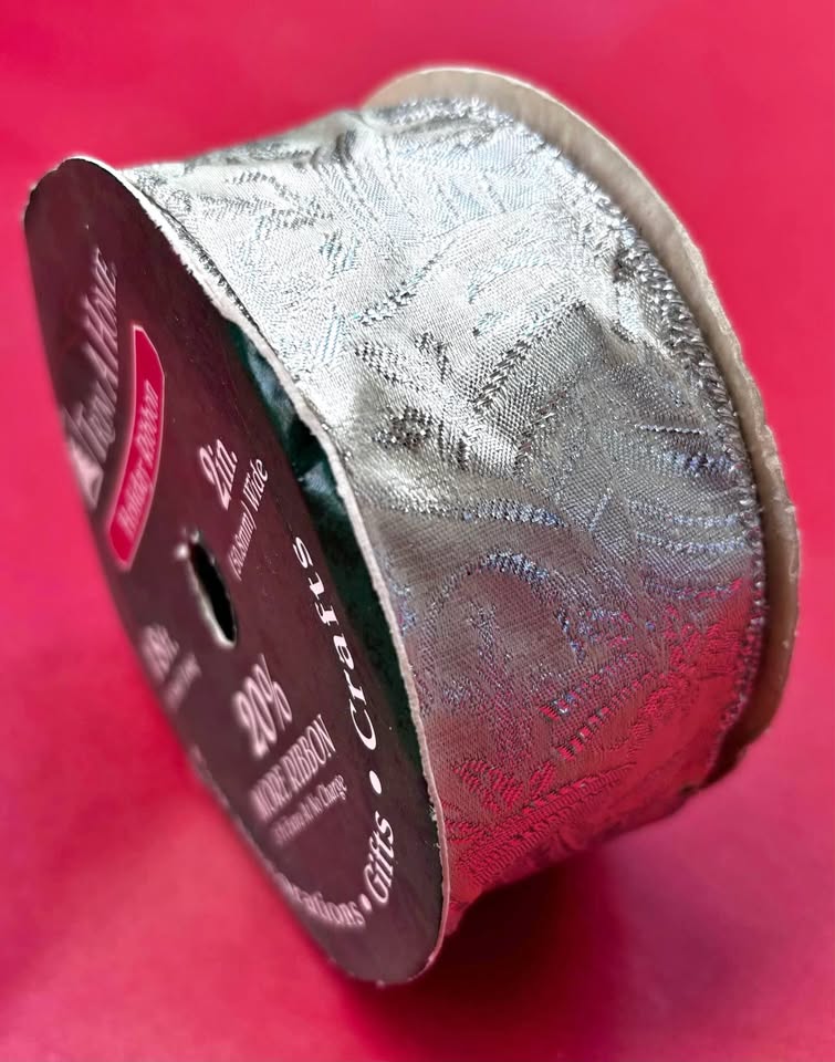 Wired Ribbon Shimmery Silver with Pattern New