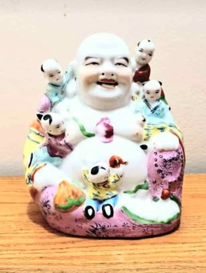 Vtg. Numbered Hand Painted Buddha With Children Statuette