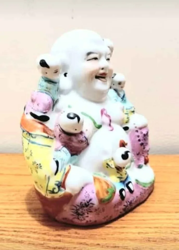 Vtg. Numbered Hand Painted Buddha With Children Statuette image indicator(2)