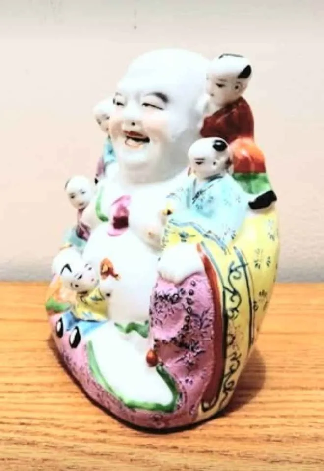 Vtg. Numbered Hand Painted Buddha With Children Statuette image indicator(3)