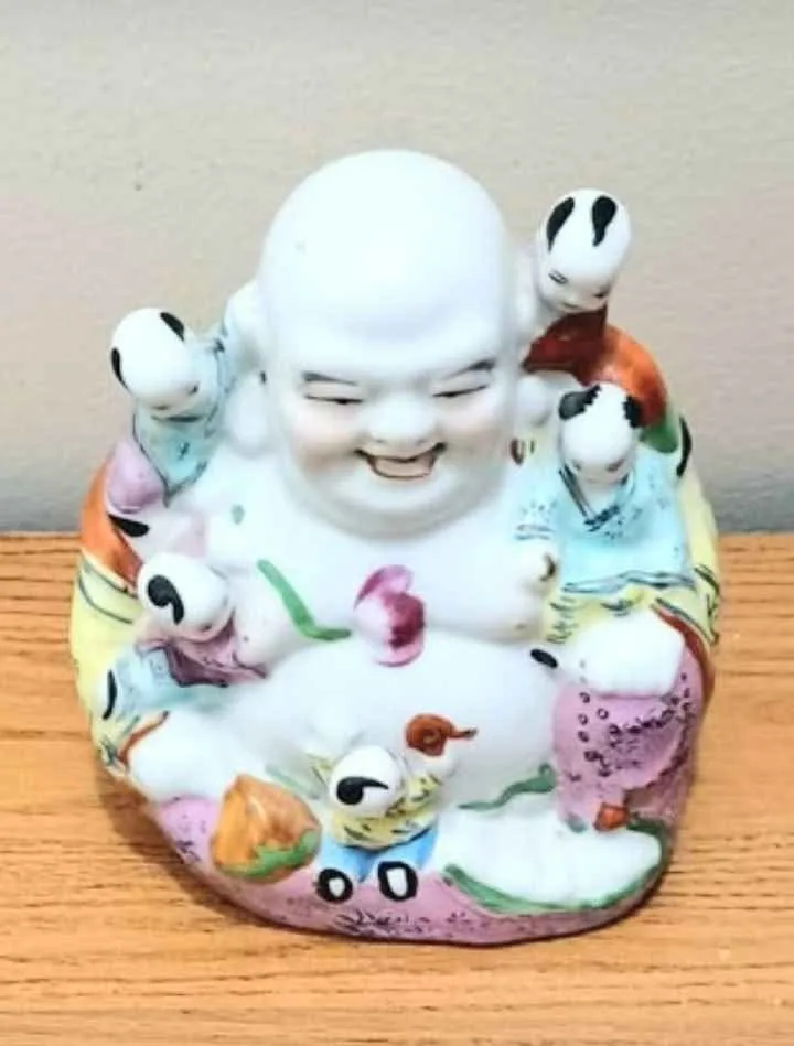 Vtg. Numbered Hand Painted Buddha With Children Statuette image indicator(5)