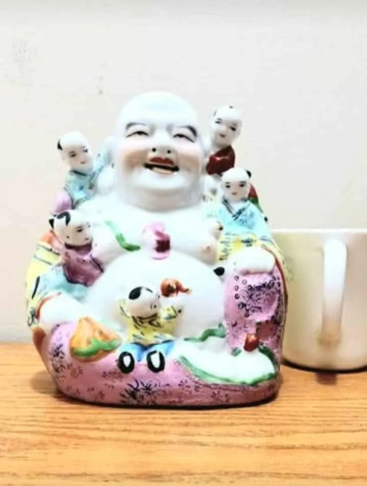 Vtg. Numbered Hand Painted Buddha With Children Statuette image indicator(8)