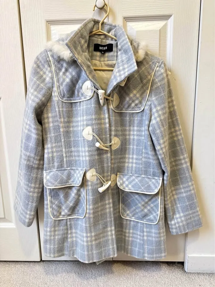 BESS Light Blue Plaid Toggle Coat with Faux Fur Trim thumbnail