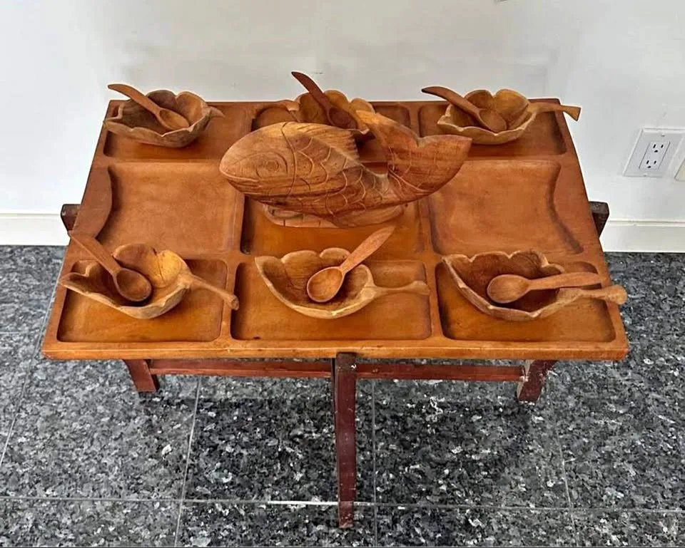Vintage Wooden Serving Set w/ Fish & Bowls on Folding Stand