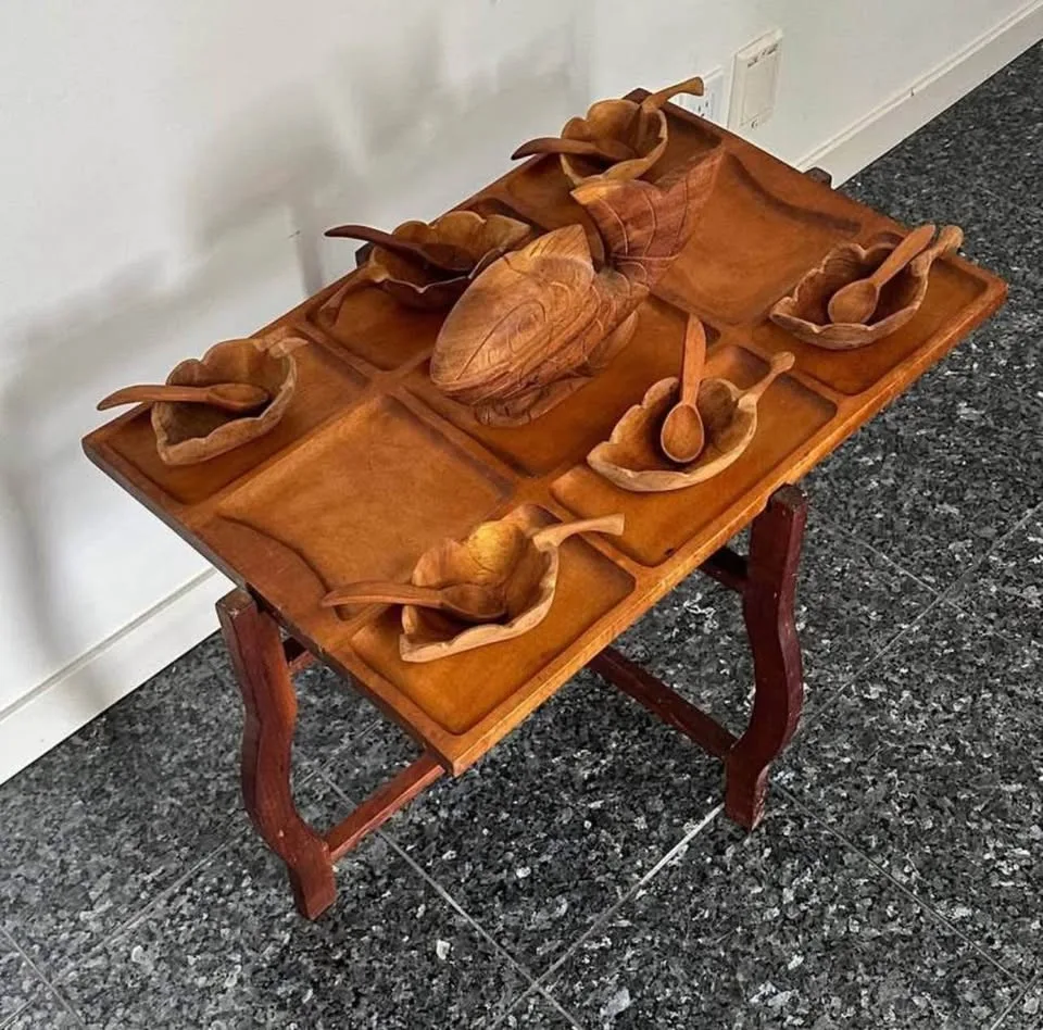 Vintage Wooden Serving Set w/ Fish & Bowls on Folding Stand image indicator(2)