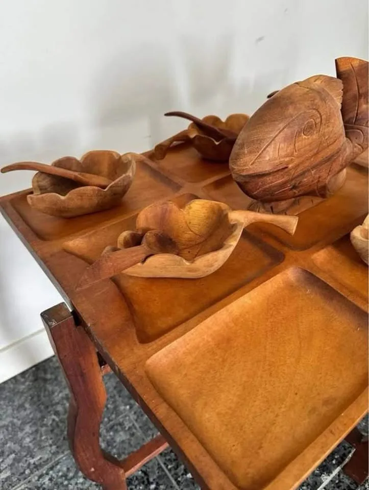 Vintage Wooden Serving Set w/ Fish & Bowls on Folding Stand image indicator(3)