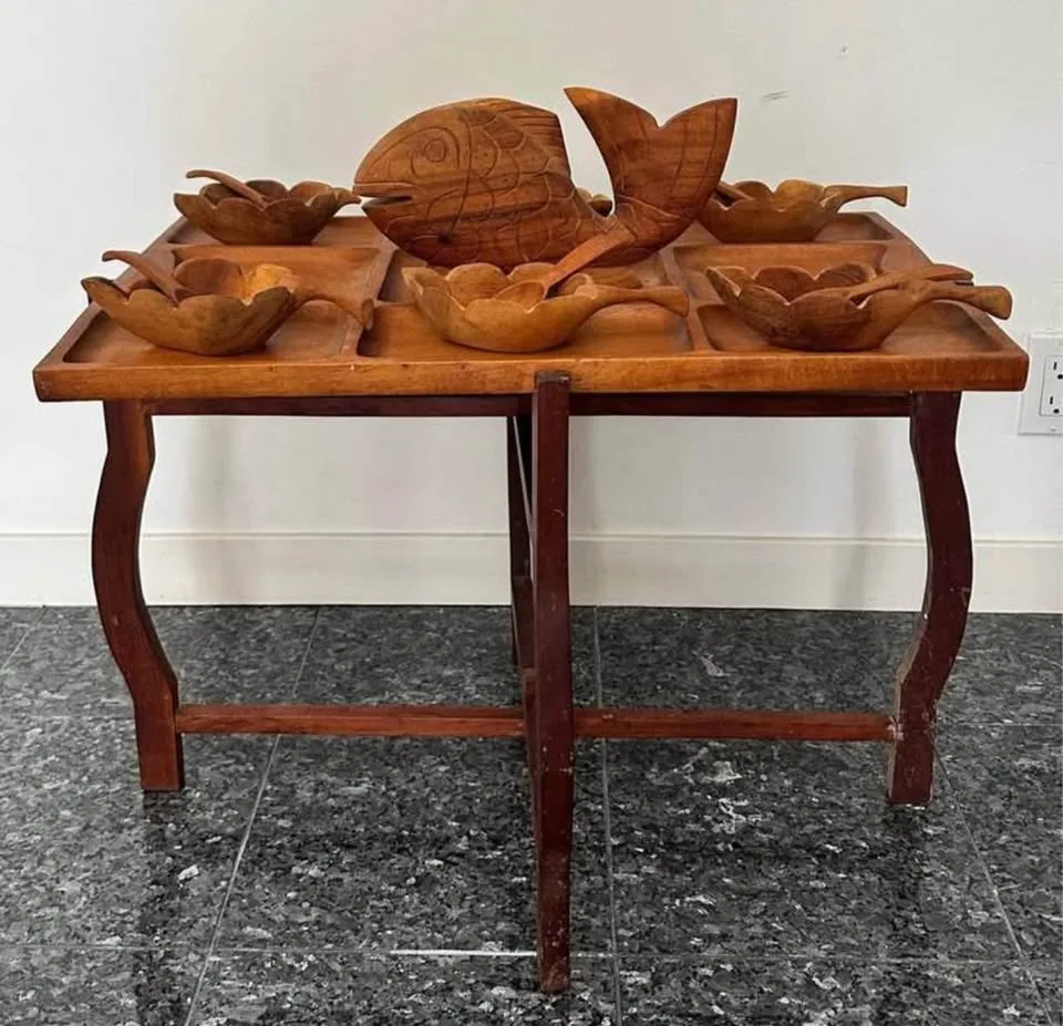 Vintage Wooden Serving Set w/ Fish & Bowls on Folding Stand image indicator(4)