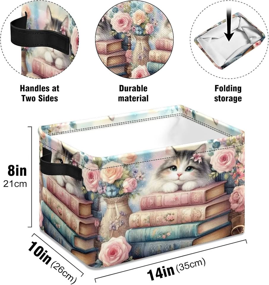 New~Cat Floral Oxford Fabric Storage Basket W Handles,10x14x8