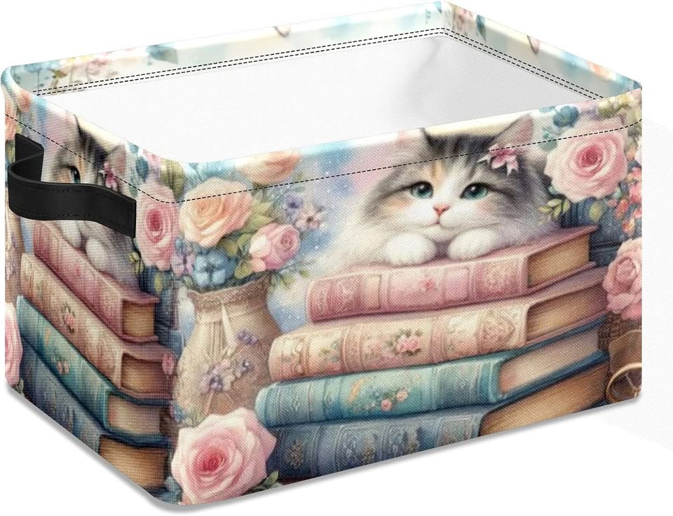 New~Cat Floral Oxford Fabric Storage Basket W Handles,10x14x8 - photo 2