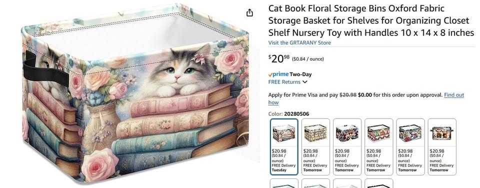 New~Cat Floral Oxford Fabric Storage Basket W Handles,10x14x8 - photo 4