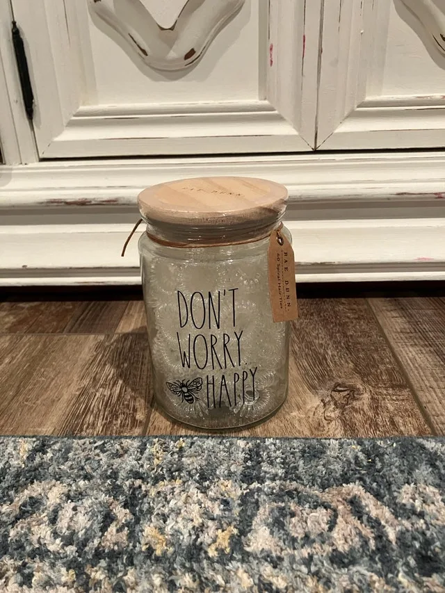 Rae Dunn Don’t Worry Bee Happy Clear Hair Ties Jar
