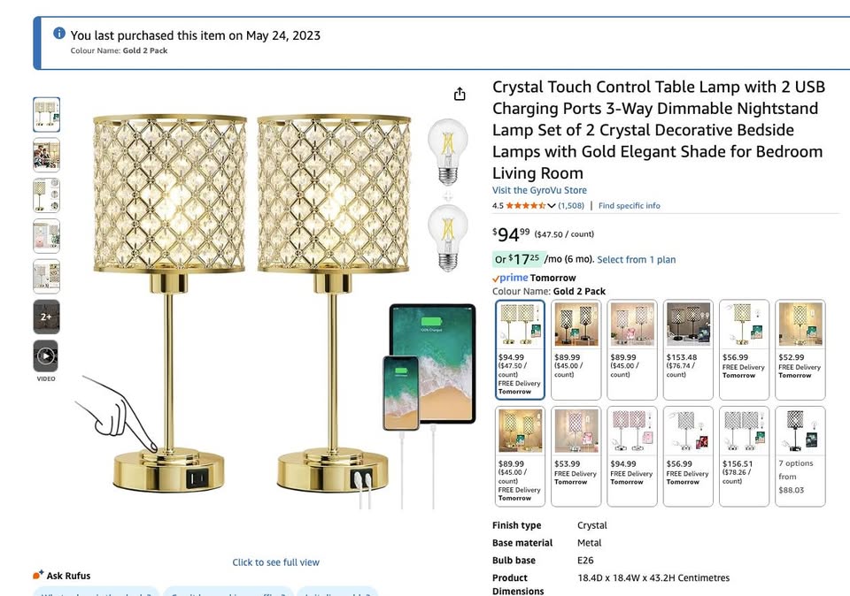 Set of 2 Gold Crystal Touch Control Table Lamps - photo 2